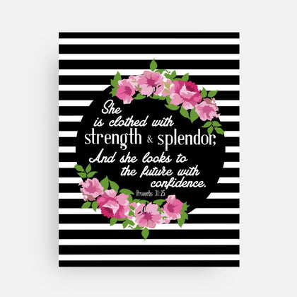 She is clothed with strength & splendor, and she looks to the future with confidence - Proverbs 31:25 - Folded Notecard